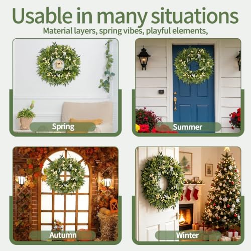 Green Wreath with Berries&Boxwood, Eucalyptus Wreaths for Front Door Artificial Spring Summer Christmas Door Wreath Front Door Wreath Farmhouse Decor for Wall Porch Window(22inch) - Image 6