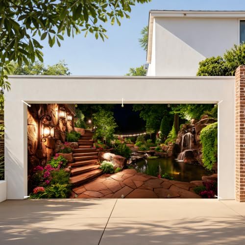 Garden Garage Door Banner 6 x 13 FT, Waterfall Pond Night Garden Garage Door Cover, Scenic Stone Path Landscape Outdoor Garage Door Decorations with Lanterns & Flowers, Nature Backdrop (Courtyard) - Image 3