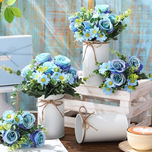 Domensi 6 Sets Wedding Centerpiece for Table Decoration Blue Artificial Fake Rose Flower with Metal Vase Faux Silk Rose Bouquet Floral Arrangement for Bridal Shower Home Dining - Image 2
