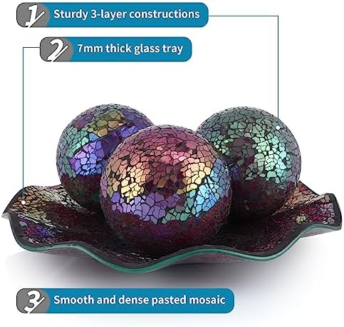 MDLUU Centerpiece Bowl and Balls Set, Mosaic Tray with 3 Pieces Spheres, 12" Decorative Plate with 4" Mosaic Orbs for Home Decor, Gift (Multicolored Purple) - Image 4