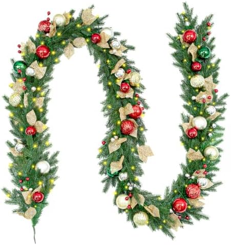 Hykolity 12 FT Pre-Lit Christmas Garland with 100 Warm White LEDs & Timer, Battery Operated Artificial PE & PVC Garland with Multicolor Ornaments and Glittered Gold Leaves for Mantel & Staircase by hykolity