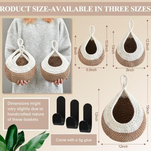 Honeydak 3 Hanging Baskets, White with Light Linen, Teardrop, Cotton Rope - Image 2