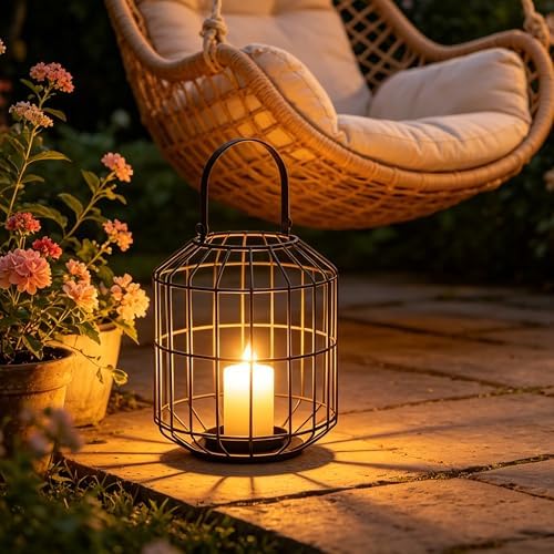 Black Metal Cage Candle Lantern, 10.6" Hanging Pillar Candle Holder, Rustic Farmhouse Lantern Decor for Indoor Outdoor, Vintage Lantern with Handle for Home Wedding Patio Christmas - Image 2