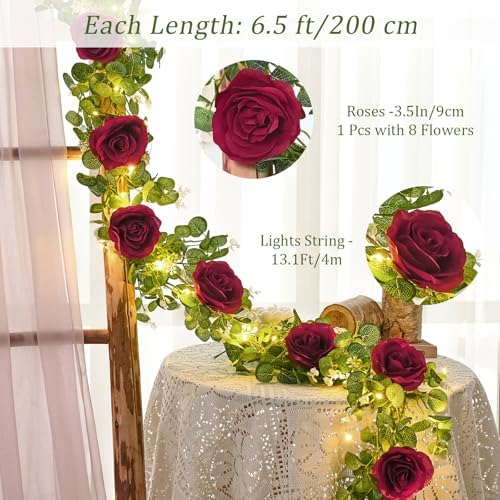 Dolicer 2Pcs 13Ft Artificial Eucalyptus Garlands with Flowers - 8 Roses, Faux Floral Greenery Garlands with 13Ft String Lights Fake Flowers Vines for Wedding Table Centerpieces Arch Party Decor (Red) - Image 3