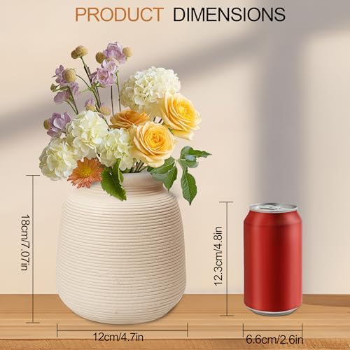 Ceramic Vase Set of 2 Ribbed Matte Rustic Farmhouse Decor - Image 2