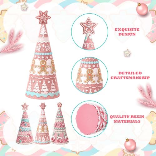 Simgoing 3 Pcs Pink Gingerbread Christmas Tree Figurines Pastel Table Decor - Image 3