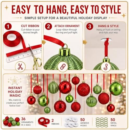 36 Pcs Christmas Balls Ornaments for Ceiling, Red, Emerald Green - Image 3