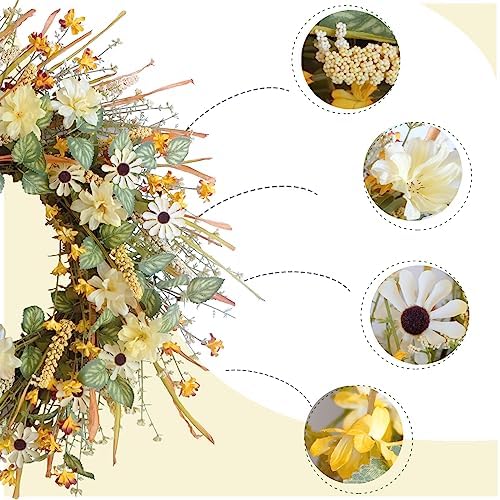 idyllic 22 Inches Spring Wreath for Front Door with Yellow and White Daisies Flowers, Ear of Wheat, Green Leaves, Fall Harvest Wreath for Festival Thanksgiving Farmhouse Wall Home Decor - Image 2