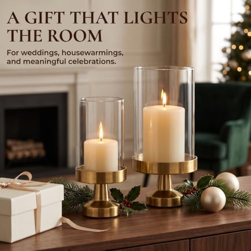 5 & 4 Inch Gold Hurricane Candle Holders Glass Set of 2 - Image 5
