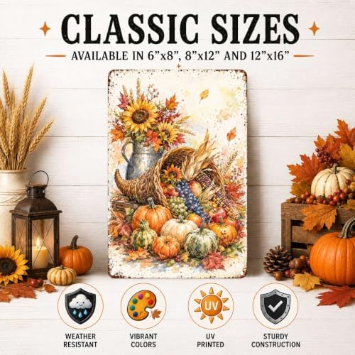 Decorative Tin Sign Watercolor Metal Tin Sign Autumn Cornucopia Pumpkins Fruit Sunflowers Harvest Wall Decor for Dining Room Kitchen Living Room 12×16 Inches with Metal Frame - Image 2
