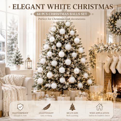 Lunmon 64 Pcs White Christmas Ball Ornaments Modern Xmas Tree Decorations - Image 2