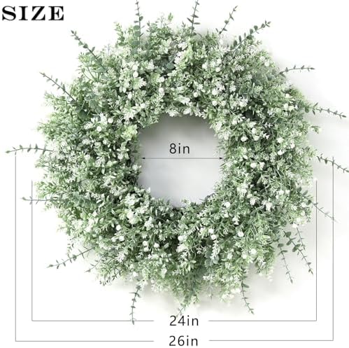 26" Large Artificial Eucalyptus Wreath for Front Door Decor (White-Green) - Image 5