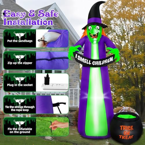 8Ft Halloween Inflatables Witch Outdoor Decorations with Candy Cauldron, Scary Blow Up Witch Holds I Smell Children Banner, Inflatable Halloween Build-in LEDs for Party Yard Lawn Garden Decor - Image 6