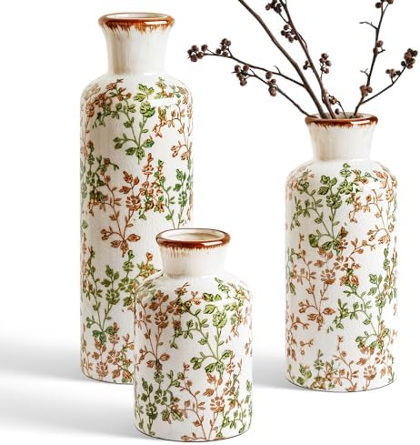 LE TAUCI Ceramic Vase Set of 3, Vintage Botanical Flower Vases for Fresh or Dried Flowers, Cottagecore Home Decor for Coffee Table, Mantel, Shelf, Entryway, Vine Green by LETAUCI