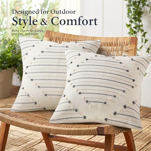 Mecatny Boho Outdoor Throw Pillow Covers 18x18 Set of 2 Beige & Grey - Image 3