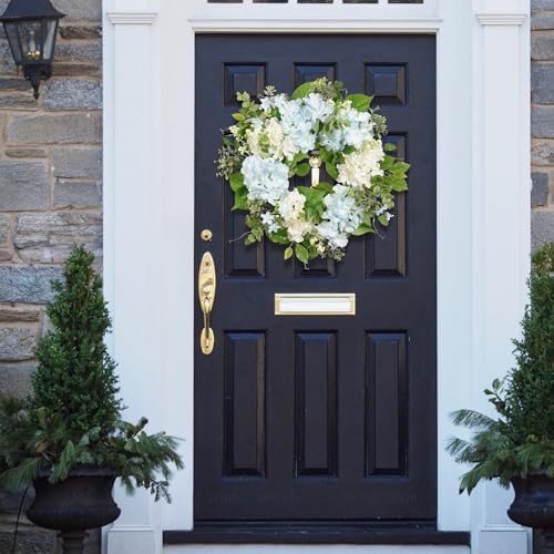 Spring Wreath Artificial Hydrangea Eucalyptus 20IN, Light Blue White Green, Spring Easter Summer Front Door Wall Décor - Image 3