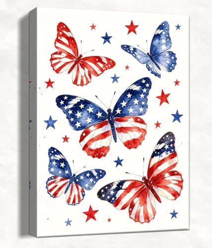 July 4th Patriotic Canvas Wall Art 4th of July USA Decorations American Flag Stars Butterfly Picture Wall Decor Independence Day Home Decor 24x32in by HomeifHue