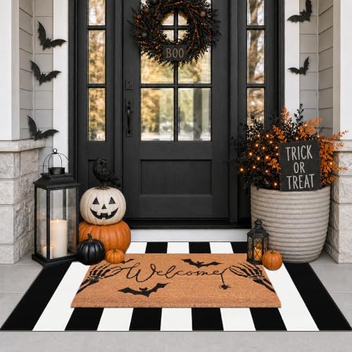 Halloween Welcome Door Mat Combo Set, Skeletal Hand Coco Coir Doormat -28" x 43" Black and White Striped Rug, Autumn Front Porch Entryway Decor Floor Mat - Image 3