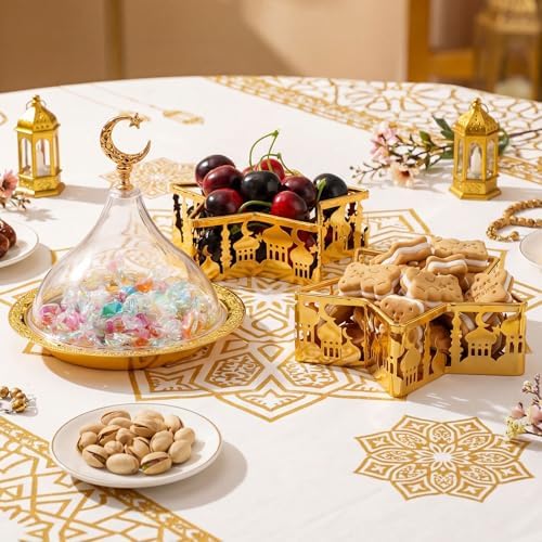 3 Pcs Ramadan Serving Trays Decoration, 1 Gold Round Tray with Acrylic Dome & 2 Star Shaped Trays, Eid Mubarak Metal Plate Dish for Dessert Display Holder Islam Muslim Home Party Table Decor - Image 3