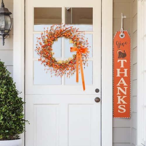 18“ Pumpkin and Berry Fall Wreath with 30 LEDs & Orange Ribbon Bow - Image 3