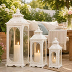 TRIROCKS Set of 3 Vintage Candle Lanterns 10/14/19.5'' High Decorative Outdoor Lantern Metal Candle Holder with Tempered Glass for Home Living Room Garden Yard Parties Events Indoors Outdoors (White) - Image 6