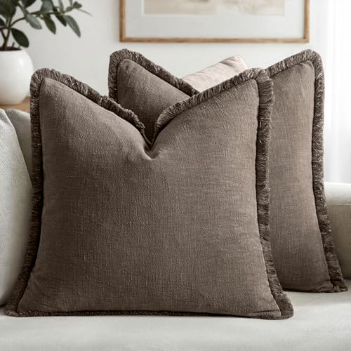MIULEE Linen Fringe Decorative Fall Euro Throw Pillow Covers Coffee 22x22 by MIULEE