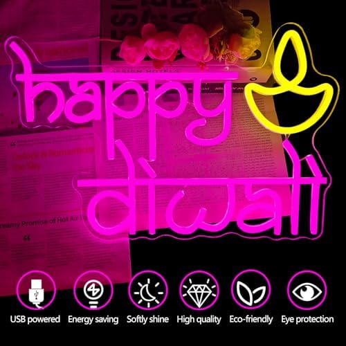 Happy Diwali Neon Sign for wall decor Festival Of Light Led Sign Happy Diwali Decorations Dimmable Diya Deepawali Neon Light Up Sign for Home Bar Decor Party Wall Room Bedroom Door Window - Image 6