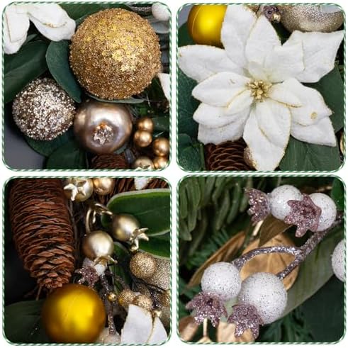 Christmas Wreaths for Front Door with Lights 24 Inch Prelit Christmas Wreath, Christmas Door Wreath with White Flowers, Gold Ornaments, Pine Cones, Greenery & Berries Indoor Outdoor - Image 3