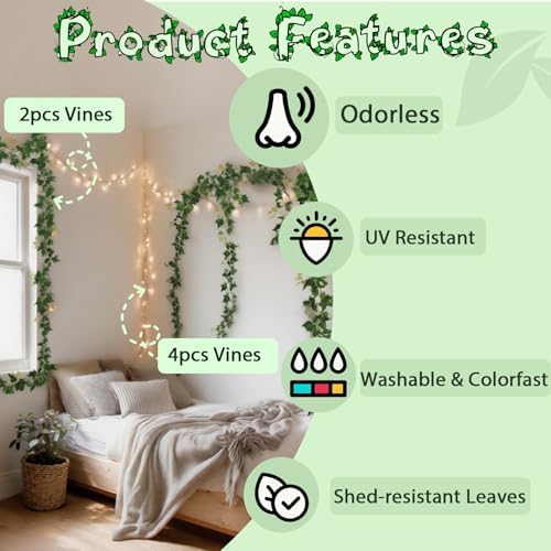 ucky Fake Vines, Eucalyptu Vines Garland, Ivy Vines, Green Artificial Wall Decor Hanging, Wedding Decoration，Flower Bouquet Decoration (4, Boston Vines) - Image 3