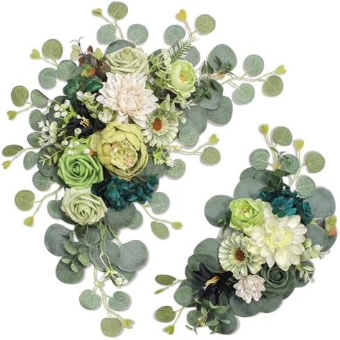 Odouzy Artificial Wedding Arch Flowers for Wedding Sign,Set of 2 for Wedding Welcome Ceremony Sign,Faux Floral Swags,Wedding, Banquet and Reception Backdrop Floral Decoration (Dark Green) by Odouzy