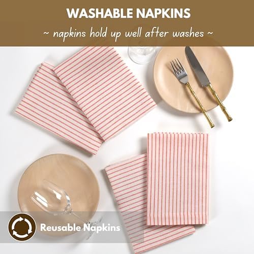 Native Fab Cloth Napkins 18x18 inches, 100% Cotton Vintage Stripped Dinner Napkins, Set of 12, Soft Breathable Absorbent, Machine Washable Cloth Napkins, Red Beige - Image 4