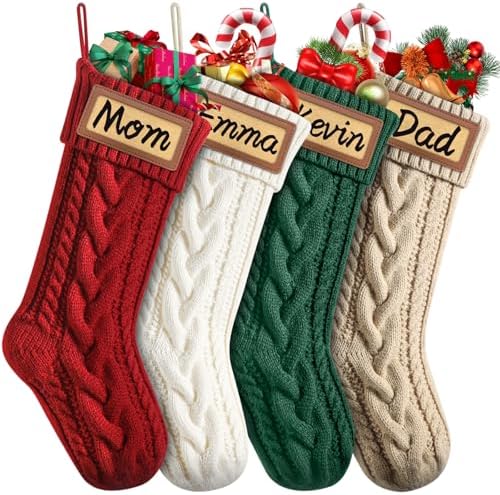 Dalzom® 4Pcs Personalized Christmas Stockings with Leather Patches Custom Name, 18” Premium Large Knitted Christmas Stockings for Kids, Family, Holiday and Fireplace Party Decoration by Dalzom