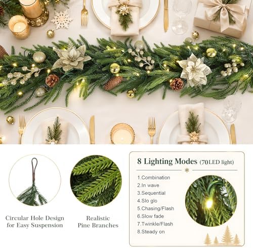 N&T NIETING 9FT Christmas Prelit Norfolk Pine Garland with Light Christmas Flowers Balls Berries Pine Cones Real Touch Pine Christmas Garland for Tables Mantle Fireplaces Stairs Xmas Decorations - Image 3