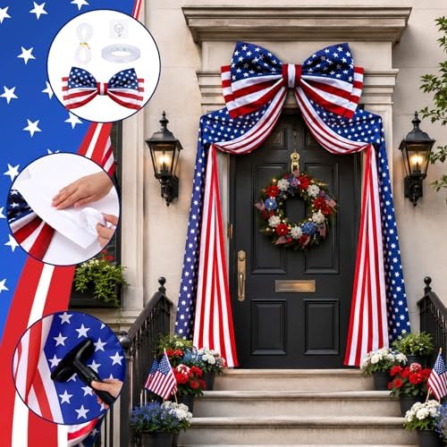 Breling 4th of July Patriotic Bunting Door Porch Decorations 32ft Patriotic Porch Banner with Large 4th of July Bow Red White and Blue Independence Day 250th Anniversary Banner Outdoor Yard Decor - Image 3
