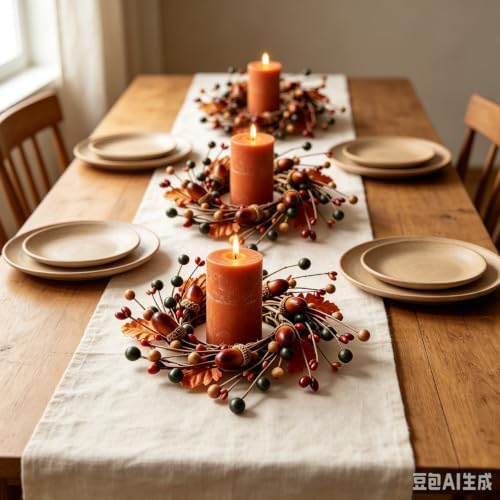 4 Pcs Mini Fall Candle Ring Wreaths Autumn Acorns Berries Mixed Oak Leaves Artificial Pillar Candle Holder Wreath for Farmhouse Thanksgiving Harvest Porch Front Door Cabinets Table Decoration - Image 5