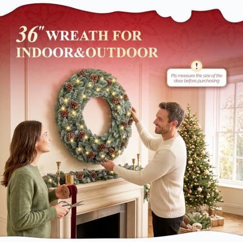 VINGLI 36Inch Frosted Christmas Wreath with 70 LED Lights, Battery Operated - Image 6