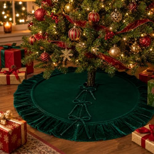 Velvet Christmas Tree Skirt Navy Blue 60 inch Ruffled Holiday Tree Skirt for Rustic Xmas Tree Decoration - Image 3