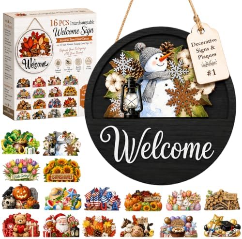 16Pcs Interchangeable Seasonal Welcome Door Sign,12 Inch Wood Wreath Decor by Unknown