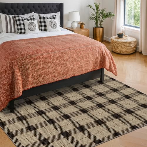 Easy Jute Area Rug 5x7, Black & Tan Plaid Rug, Washable Indoor Outdoor Farmhouse Rug for Living Room, Entryway, Bedroom, Patio & Covered Porch, Low Pile Non Slip - Image 3