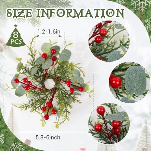 8 PCS Christmas Pine Taper Candle Rings Wreaths 1.38" Mini Norfolk Cedar Taper Candle Holder Wreaths Candle Rings with Berry for Xmas Winter Holiday Church Home Table Centerpiece Candlesticks Decor - Image 3
