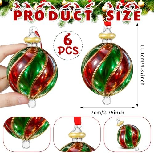 6 Pcs Blown Glass Christmas Ball Ornament Red Green Christmas Tree Decor - Image 2