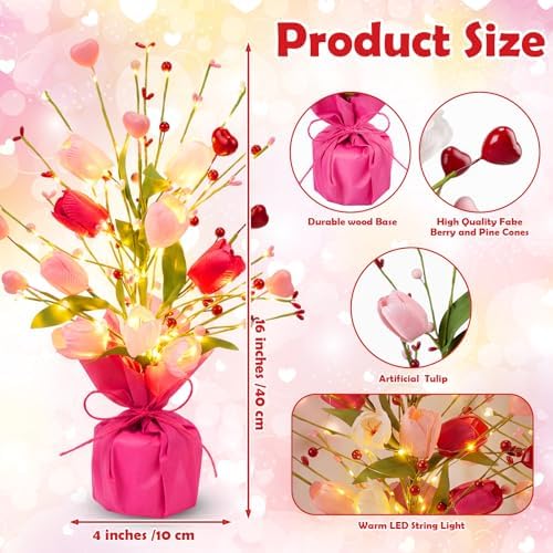 Pinkunn 2 Packs Mother's Day Table Centerpiece Decor Mother's Day Table Tree Decoration with Light, 16 Inches Artificial Tulip Red Pink Heart Shaped Berry Burlap Base Decor for Dining Room Home - Image 2