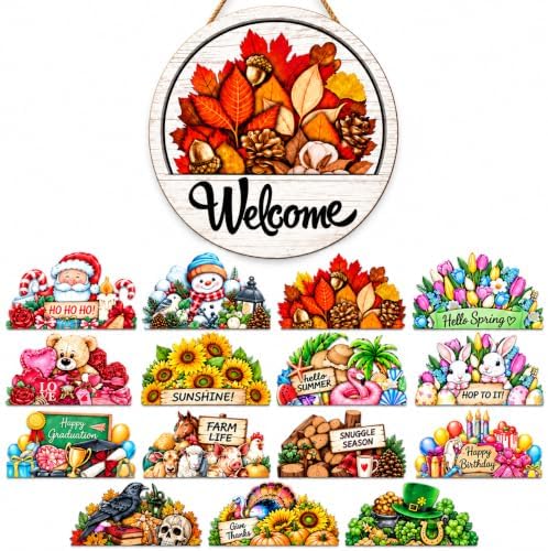 One Welcome Sign for Every Season, 16 PCS Interchangeable Welcome Sign for Front Door, Simple Elegant Farmhouse Seasonal Porch Decor Gift for Christmas (1 Set/15PCS) by Unknown