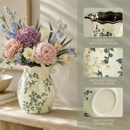 Ceramic Pitcher Vase with Handle, 8.3 Inch Vintage Rustic Farmhouse Vase with Crackle Glaze, Hand-Painted Green Vine Floral, Decorative Water Jug for Living Room, Kitchen, Dining Table Centerpiece - Image 3