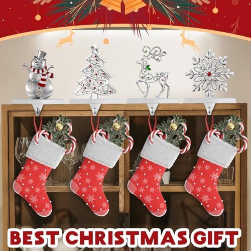 4 Pack Christmas Stocking Holder Set for Mantle Christmas Holiday Decorations Mantle Fireplace Topper Snowflake Snowman Reindeer and Christmas Tree Hangers Decorative Metal Hanger - Image 3