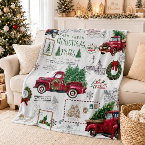 Christmas Truck Throw Blanket, Red Pickup Flannel, 80 x 60 - Image 3