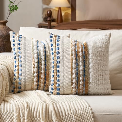 Aeckself Boho Chenille Tufted Throw Pillow Covers 18x18 Inch Set of 2, Farmhouse Decorative Striped Square Pillow Covers Accent Neutral Pillowcase for Living Room Couch Bed, Caramel Brown by AECKSELF