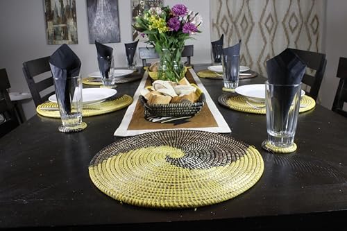 Senegal Placemats/African Bohemian Woven Seagrass Placemats/Natural Wicker Round Basket Placemats/Decorative Hanging Wicker Plates/Hanging Wall Decor (Black & Yellow) - Image 3