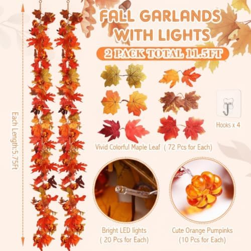 VIHOSE 2 Pack Fall Maple Leaves Thanksgiving Garland 11.5ft, Colorful - Image 3