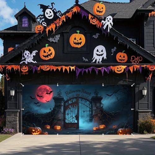 7x16ft Scary Halloween Garage Door Cover for Double Car Full Blood Moon Bats Iron Gate Haunted House Halloween Garage Door Banner Backdrop for Photography for Outdoor Party Decorations - Image 2
